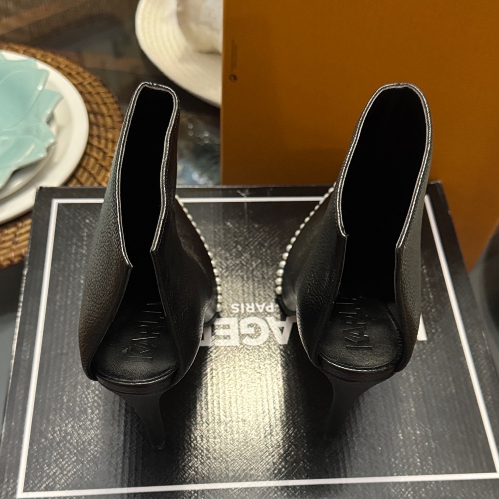 Karl Lagerfeld Black Heeled Boots with Pearl Trim - Picture 2 of 10